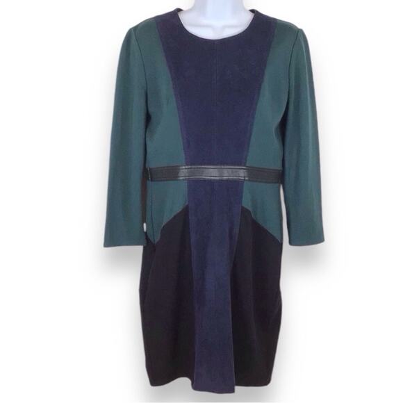 BCBGMAXAZRIA Dark Fern BEATRIZ Faux Suede Colorblock Long Sleeve Sheath Dress M - Picture 1 of 10